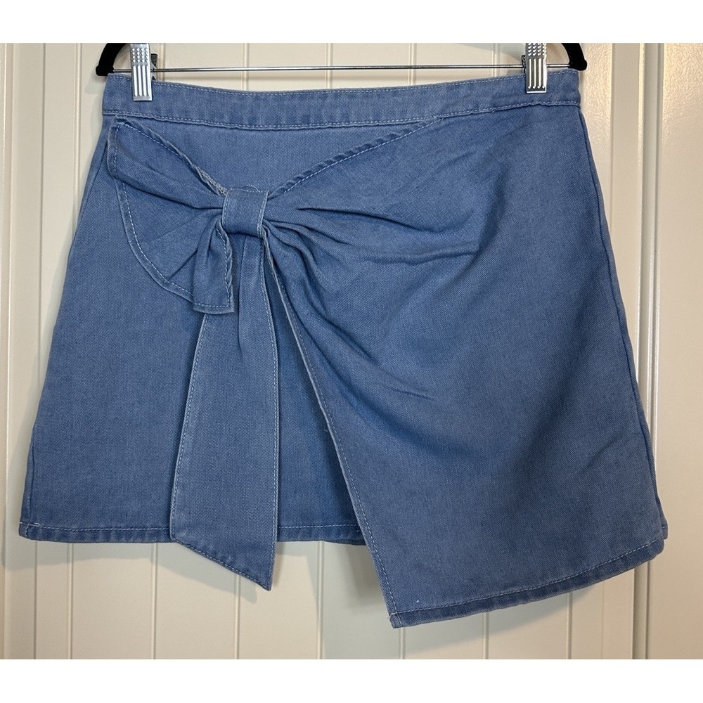 Shein Blue‎ Denim Jean Skirt sz L Cotton Viscose front bow GUC
